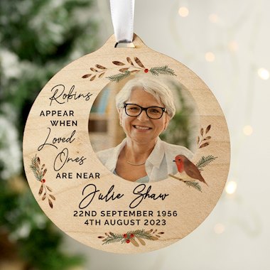 Personalised Photo Upload Robin Memorial Wooden Decoration