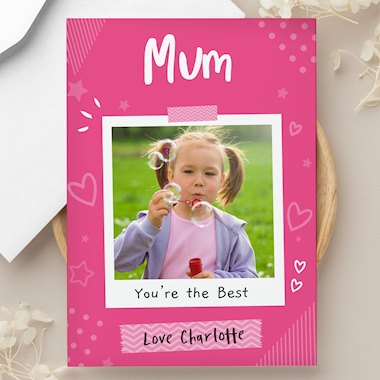 Personalised Pink Polaroid Wreath Photo Upload Greeting Card