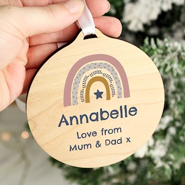 Personalised Pink Rainbow Round Wooden Decoration
