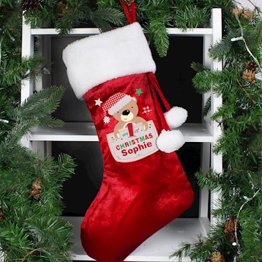 Personalised Pocket Teddy My 1st Christmas Luxury Red Stocking