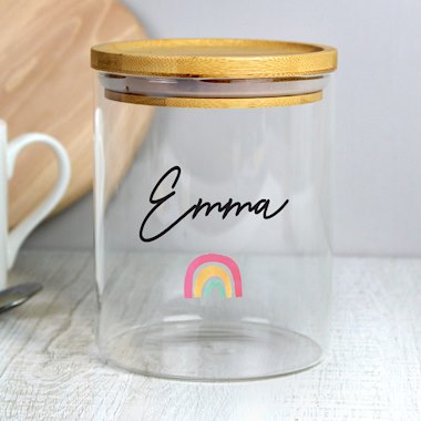 Personalised Rainbow Glass Jar with Bamboo Lid