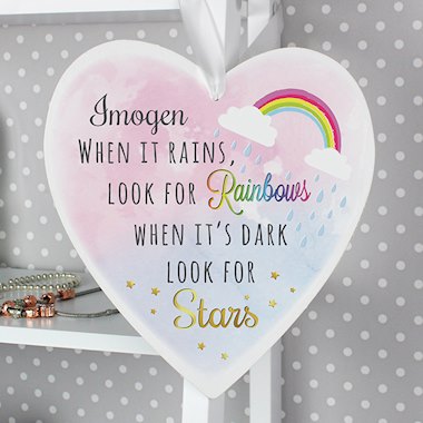 Personalised Rainbows and Stars Large Wooden Heart Decoration