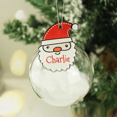 Personalised Red Santa Feather Glass Bauble
