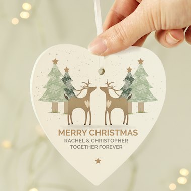 Personalised Reindeer Couple Wooden Heart Decoration