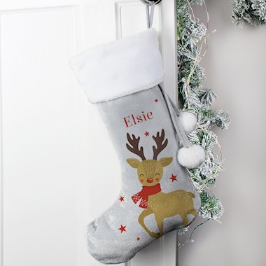 Personalised Reindeer Silver Grey Stocking (New for Xmas 2024)