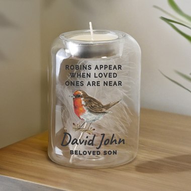 Personalised Robin Memorial Feather Tealight Holder