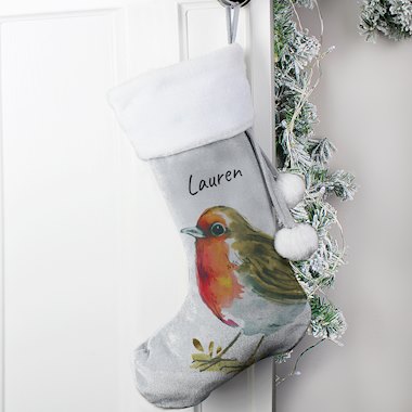 Personalised Robin Silver Grey Stocking (New for Xmas 2024)