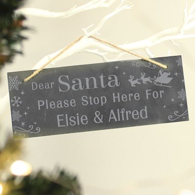 Personalised Santa Please Stop Here... Hanging Slate Sign (New for Xmas 2024)