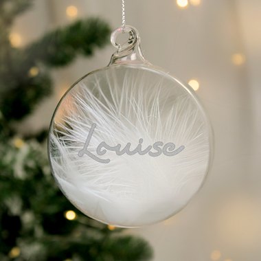 Personalised Silver Glitter Name Only Feather Glass Bauble