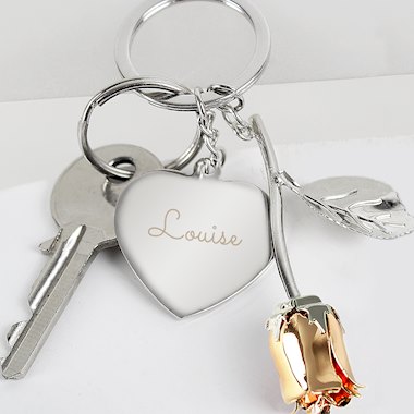Personalised Silver Plated Name Rose Gold Rose Keyring