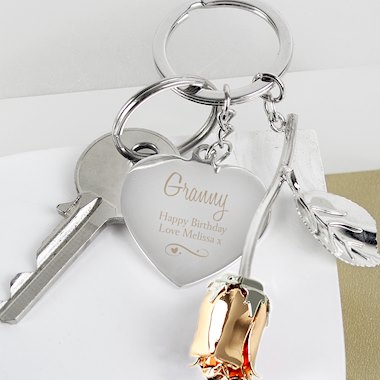 Personalised Silver Plated Swirls & Hearts Rose Gold Rose Keyring
