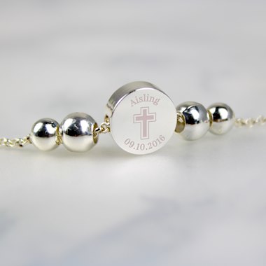 Personalised Silver Tone Cross Round Bracelet