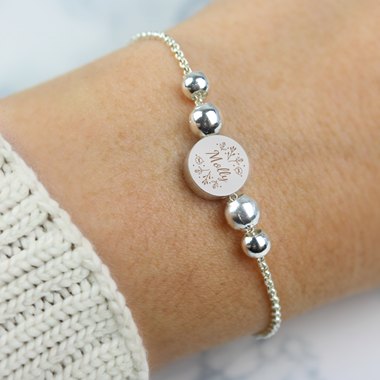 Personalised Silver Tone Wild Flowers Disc Bracelet