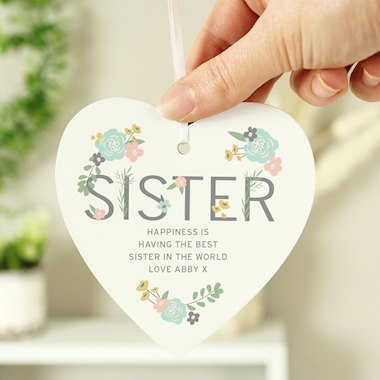Personalised Sister Floral Wooden Heart Decoration