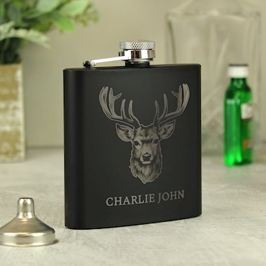 Personalised Stag Black Hip Flask (New for Xmas 2024)