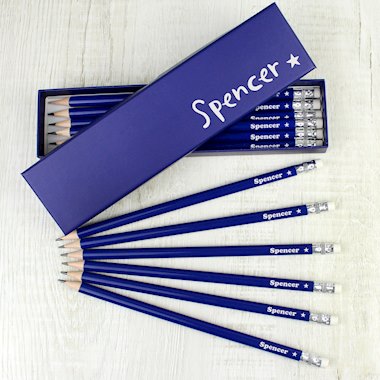 12 Personalised Blue HB Pencils With Name On Box, Star Design