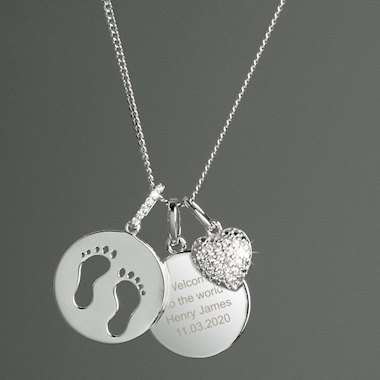 Personalised Sterling Silver Footprints and Cubic Zirconia Heart Necklace