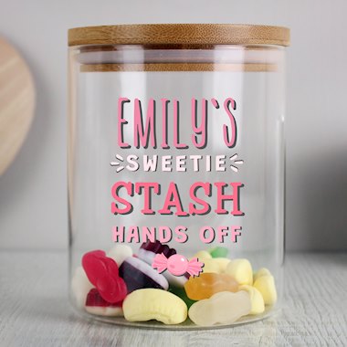 Personalised Sweetie Stash Glass Jar with Bamboo Lid