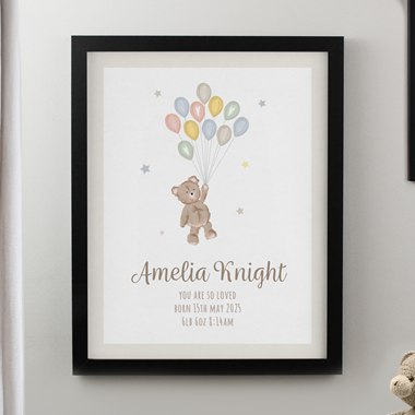 Personalised Teddy Balloon Black Poster Frame