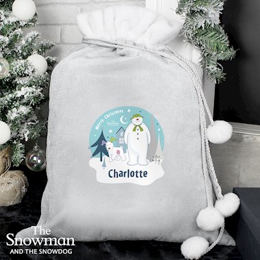Personalised The Snowman and the Snowdog Silver Grey Pom Pom Santa Sack