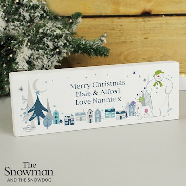 Personalised The Snowman and the Snowdog Wooden Mantel Decoration