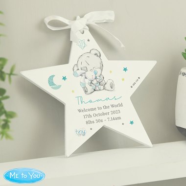 Personalised Tiny Tatty Teddy Blue Wooden Star Decoration