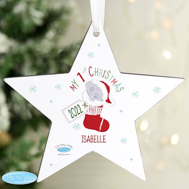 Personalised Tiny Tatty Teddy My 1st Christmas Stocking Wooden Star Decoration