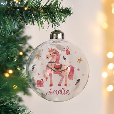 Personalised Unicorn Christmas Glass Bauble