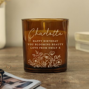 Personalised Wild Flowers Amber Glass Candle