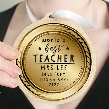 Personalised Worlds Best Teacher Round Wooden Medal