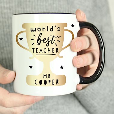 Personalised Worlds Best Teacher Trophy Black Handled Mug