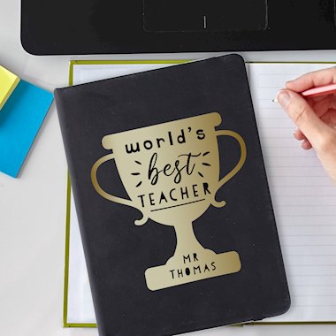 Personalised Worlds Best Teacher Trophy Black Hardback Notebook