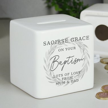 Personalised Wreath Ceramic Square Money Box