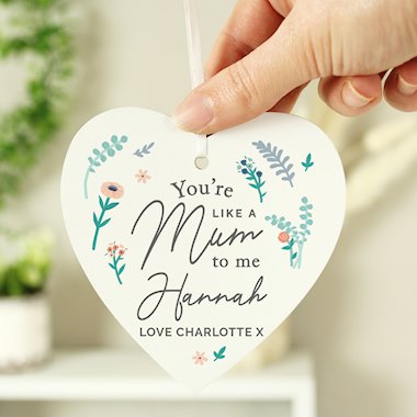 Personalised Youre Like A Mum To Me Wooden Heart Decoration