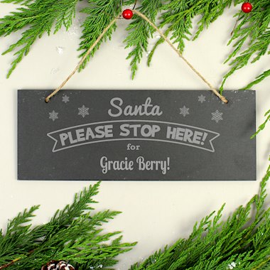 Personalised Santa Please Stop Here... Hanging Slate Plaque Sign