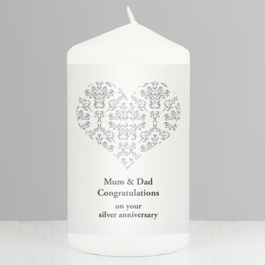 Personalised Silver Damask Heart Pillar Candle