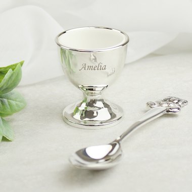 Personalised Silver Egg Cup & Spoon, Christening/Birthday Gift