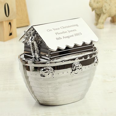Personalised Silver Noahs Ark Money Box, Christening/Birthday Gift